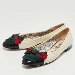 Pre Owned Gucci Cream/Black Leather Web Accent Ballet Flats Size 41