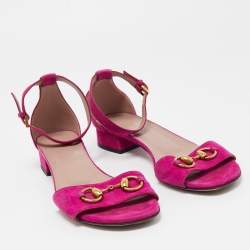 Gucci Pink Suede Horsebit Ankle Strap Flat Sandals Size 38