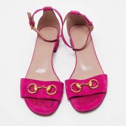 Gucci Pink Suede Horsebit Ankle Strap Flat Sandals Size 38