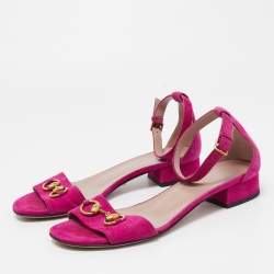 Gucci Pink Suede Horsebit Ankle Strap Flat Sandals Size 38