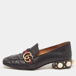 Pre Owned Gucci Black Leather Web GG Marmont Faux Pearl Embellished Loafer Pumps Size 37.5
