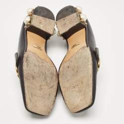 Pre Owned Gucci Black Leather Web GG Marmont Faux Pearl Embellished Loafer Pumps Size 37.5