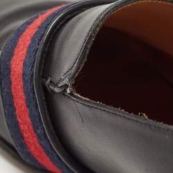 Pre Owned Gucci Black Leather Web GG Marmont Faux Pearl Embellished Loafer Pumps Size 37.5