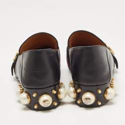 Pre Owned Gucci Black Leather Web GG Marmont Faux Pearl Embellished Loafer Pumps Size 37.5
