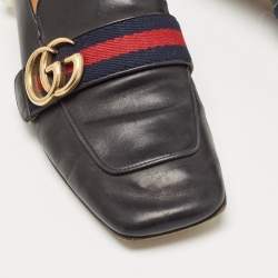 Pre Owned Gucci Black Leather Web GG Marmont Faux Pearl Embellished Loafer Pumps Size 37.5