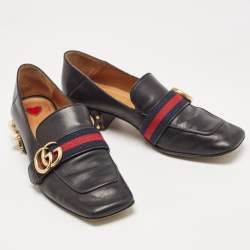 Pre Owned Gucci Black Leather Web GG Marmont Faux Pearl Embellished Loafer Pumps Size 37.5