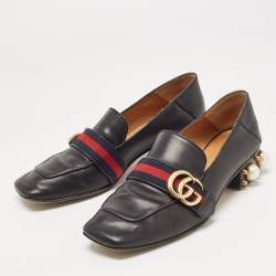 Pre Owned Gucci Black Leather Web GG Marmont Faux Pearl Embellished Loafer Pumps Size 37.5