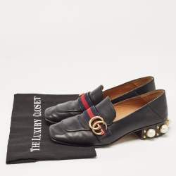 Pre Owned Gucci Black Leather Web GG Marmont Faux Pearl Embellished Loafer Pumps Size 37.5