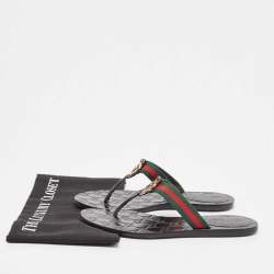 Pre Owned Gucci Black/Green Leather GG Web Thong Flats Size 37.5