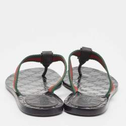 Pre Owned Gucci Black/Green Leather GG Web Thong Flats Size 37.5