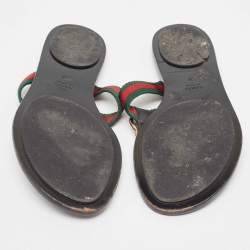 Pre Owned Gucci Black/Green Leather GG Web Thong Flats Size 37.5