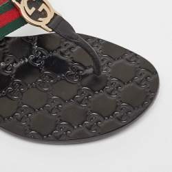 Pre Owned Gucci Black/Green Leather GG Web Thong Flats Size 37.5