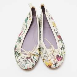 Pre Owned Gucci Multicolor Leather Flora Print Bow Ballet Flats Size 37.5