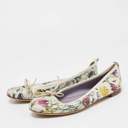 Pre Owned Gucci Multicolor Leather Flora Print Bow Ballet Flats Size 37.5