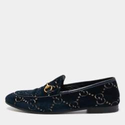 Gucci Blue GG Velvet and Leather Horsebit Slip On Loafers Size 38