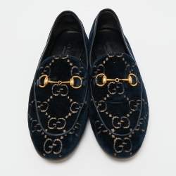Gucci Blue GG Velvet and Leather Horsebit Slip On Loafers Size 38