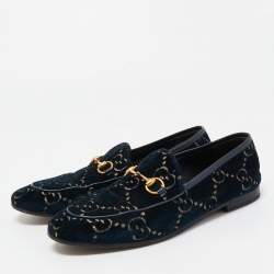 Gucci Blue GG Velvet and Leather Horsebit Slip On Loafers Size 38