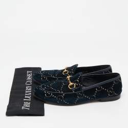 Gucci Blue GG Velvet and Leather Horsebit Slip On Loafers Size 38