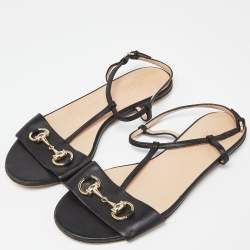 Gucci Black Leather Horsebit T-Strap Flat Sandals Size 36