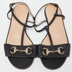 Gucci Black Leather Horsebit T-Strap Flat Sandals Size 36