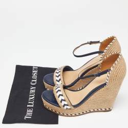 مملوكة مسبقًا Gucci Beige/Blue Jute and Leather Crystal Embellished Espadrille Wedge Sandals Size 39.5