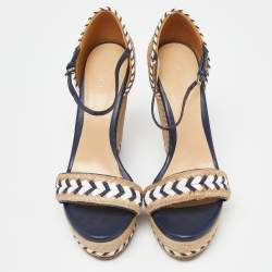 مملوكة مسبقًا Gucci Beige/Blue Jute and Leather Crystal Embellished Espadrille Wedge Sandals Size 39.5