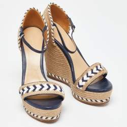مملوكة مسبقًا Gucci Beige/Blue Jute and Leather Crystal Embellished Espadrille Wedge Sandals Size 39.5