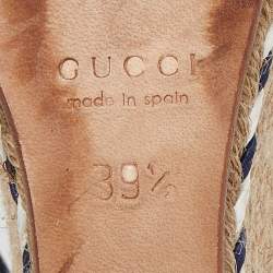 مملوكة مسبقًا Gucci Beige/Blue Jute and Leather Crystal Embellished Espadrille Wedge Sandals Size 39.5