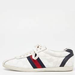 مملوكة مسبقًا Gucci White Guccissima Leather Web Low Top Sneakers Size 37