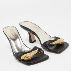 Pre Owned Gucci Black Leather Embellished Rajah Open Toe Slide Sandals Size 35