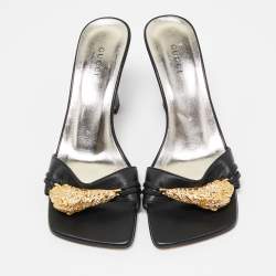 Pre Owned Gucci Black Leather Embellished Rajah Open Toe Slide Sandals Size 35