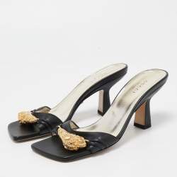 Pre Owned Gucci Black Leather Embellished Rajah Open Toe Slide Sandals Size 35