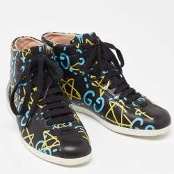 Gucci Black Graffiti Leather Ghost High Top Sneakers Size 35.5