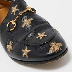 Gucci Black Leather Embroidered Slip On Loafers Size 38