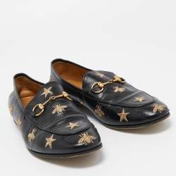 Gucci Black Leather Embroidered Slip On Loafers Size 38