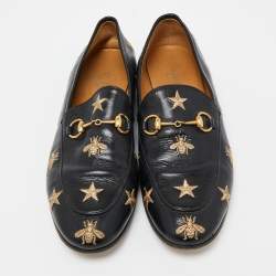 Gucci Black Leather Embroidered Slip On Loafers Size 38