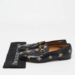 Gucci Black Leather Embroidered Slip On Loafers Size 38