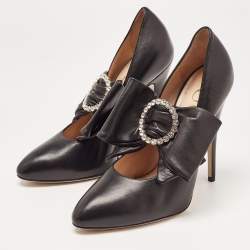 Pre Owned Gucci Black Leather Elaisa Removable Crystal Embellished Bow Strap Pumps Size 37.5