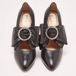 Pre Owned Gucci Black Leather Elaisa Removable Crystal Embellished Bow Strap Pumps Size 37.5