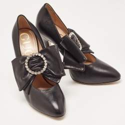 Pre Owned Gucci Black Leather Elaisa Removable Crystal Embellished Bow Strap Pumps Size 37.5