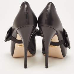 Pre Owned Gucci Black Leather Elaisa Removable Crystal Embellished Bow Strap Pumps Size 37.5