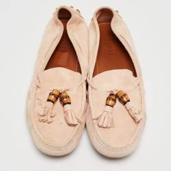 Pre Owned Gucci Light Pink Suede Bamboo Tassel Slip On Loafers Size 37.5