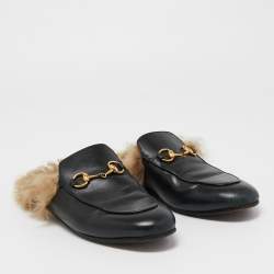Gucci Black Leather and Fur Princetown Horsebit Flat Mules Size 37