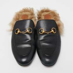 Gucci Black Leather and Fur Princetown Horsebit Flat Mules Size 37