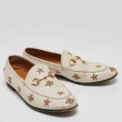 Pre Owned Gucci Cream Leather Bee & Star Embroidered Jordaan Loafers Size 40