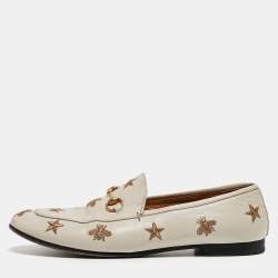 Pre Owned Gucci Cream Leather Bee & Star Embroidered Jordaan Loafers Size 40