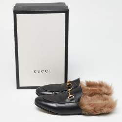 Pre Owned Gucci Black Leather and Fur Princetown Flat Mules Size 41