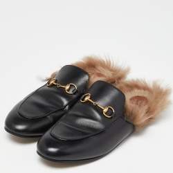 Pre Owned Gucci Black Leather and Fur Princetown Flat Mules Size 41