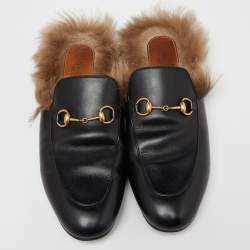 Pre Owned Gucci Black Leather and Fur Princetown Flat Mules Size 41