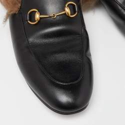 Pre Owned Gucci Black Leather and Fur Princetown Flat Mules Size 41